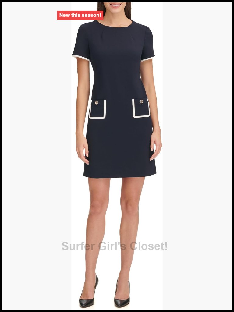 Short Sleeve Jewel Neck Contrast Piping Mini Shift Dress